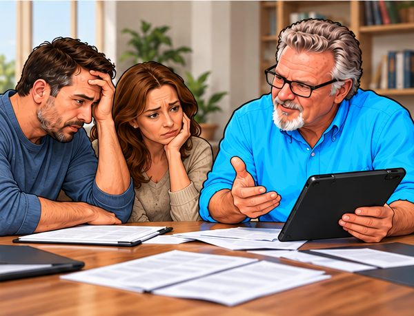 Illustration of Art Boutin at a table with two worried homeowners, walking them through their claim on a tablet