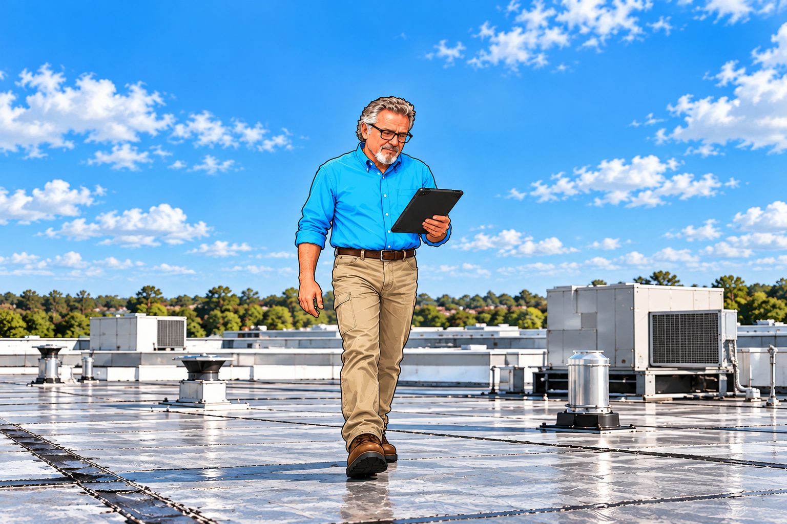 Illustration of Art Boutin walking a commercial flat roof between rooftop HVAC units, reviewing notes on a tablet