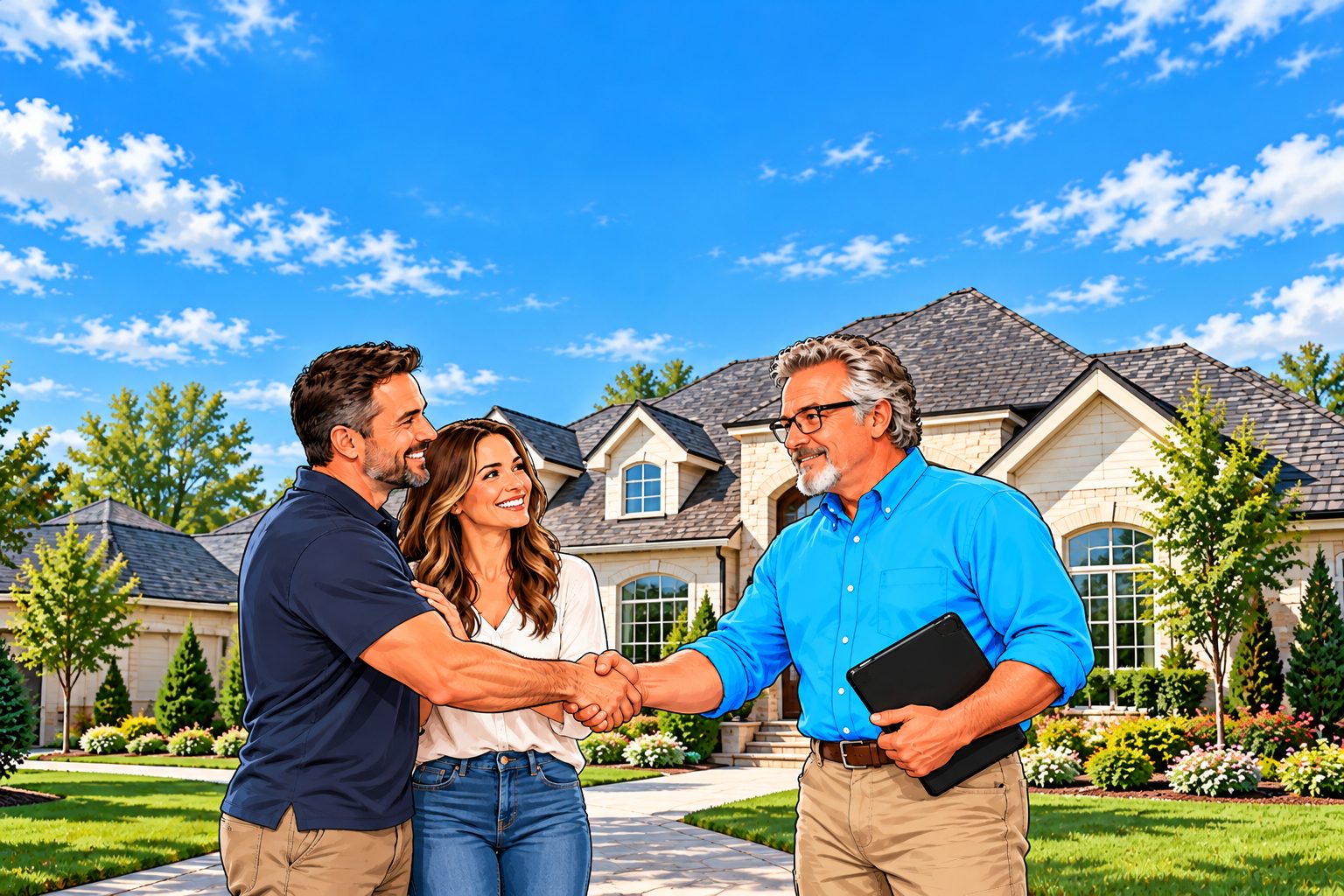 Illustration of Art Boutin shaking hands with smiling homeowners in front of their large stone home