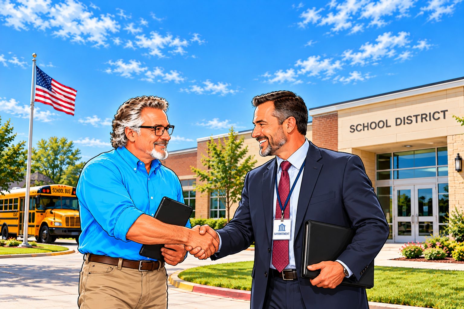 Illustration of Art Boutin shaking hands with a school district superintendent outside a school