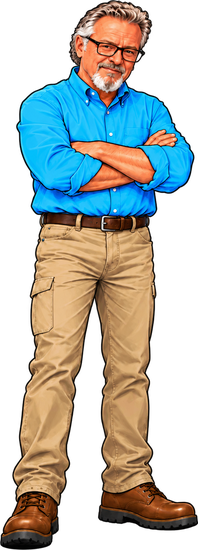 Illustration of Art Boutin standing with his arms crossed, in a blue shirt and work boots